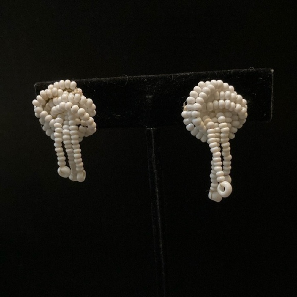 Elegant White Beaded Earrings Screw Back